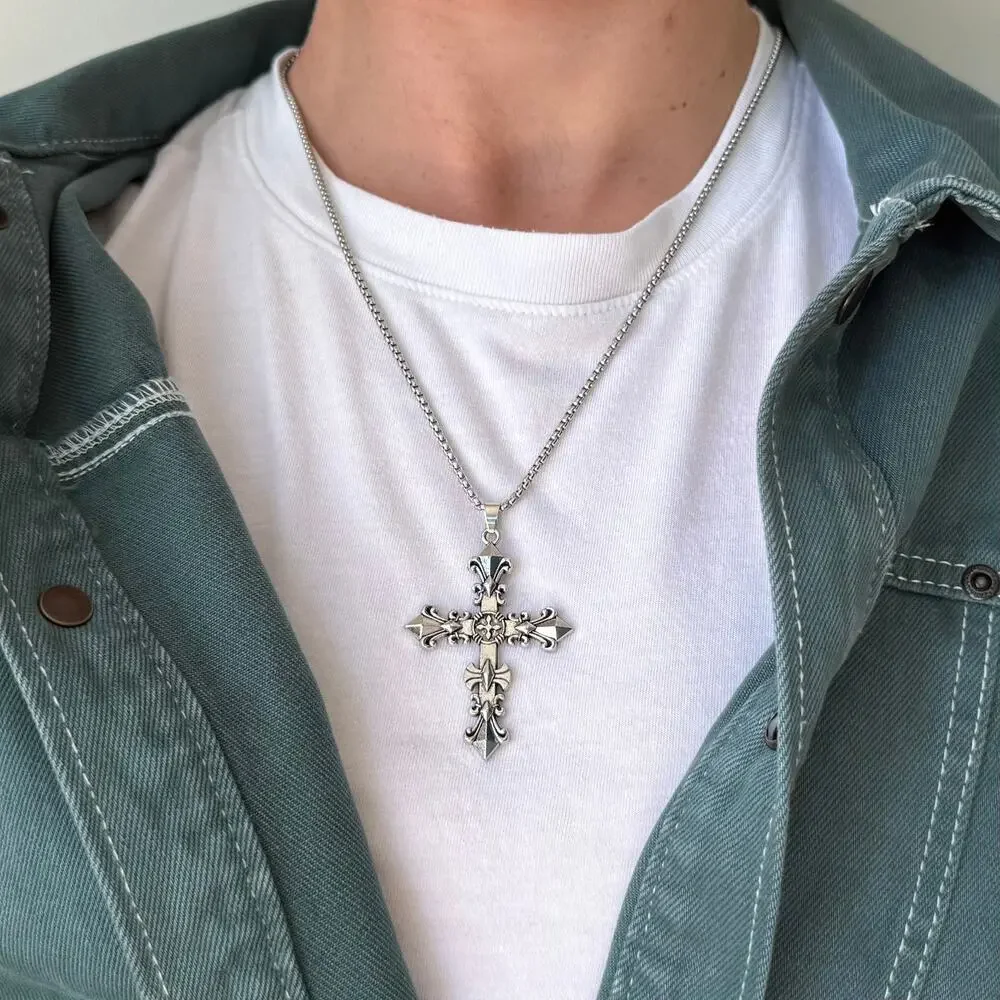 Silver Tone Cross Pendant Necklace Unisex Lobster Clasp Chain New